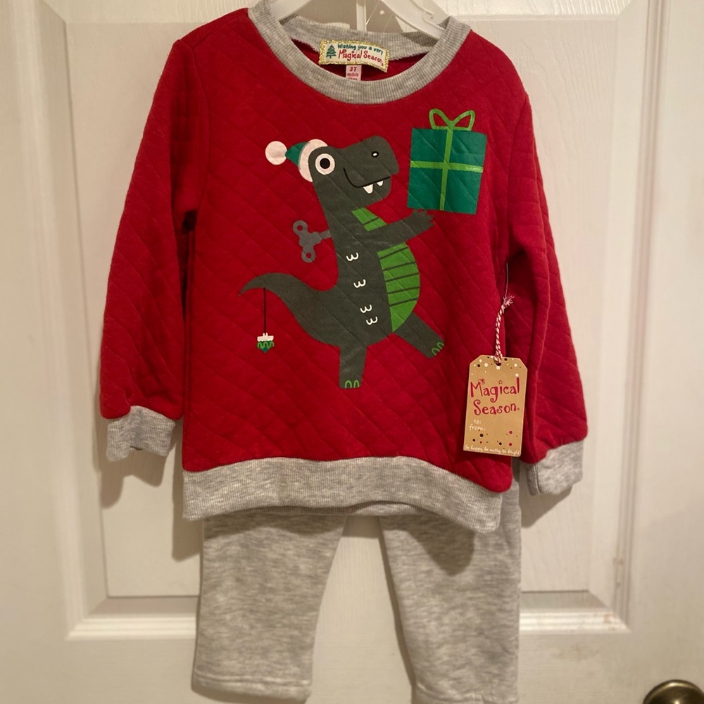 Boys Dinosaur Christmas 2 Piece Sweat Suit Outfit 3T, Toddler Christmas Outfit